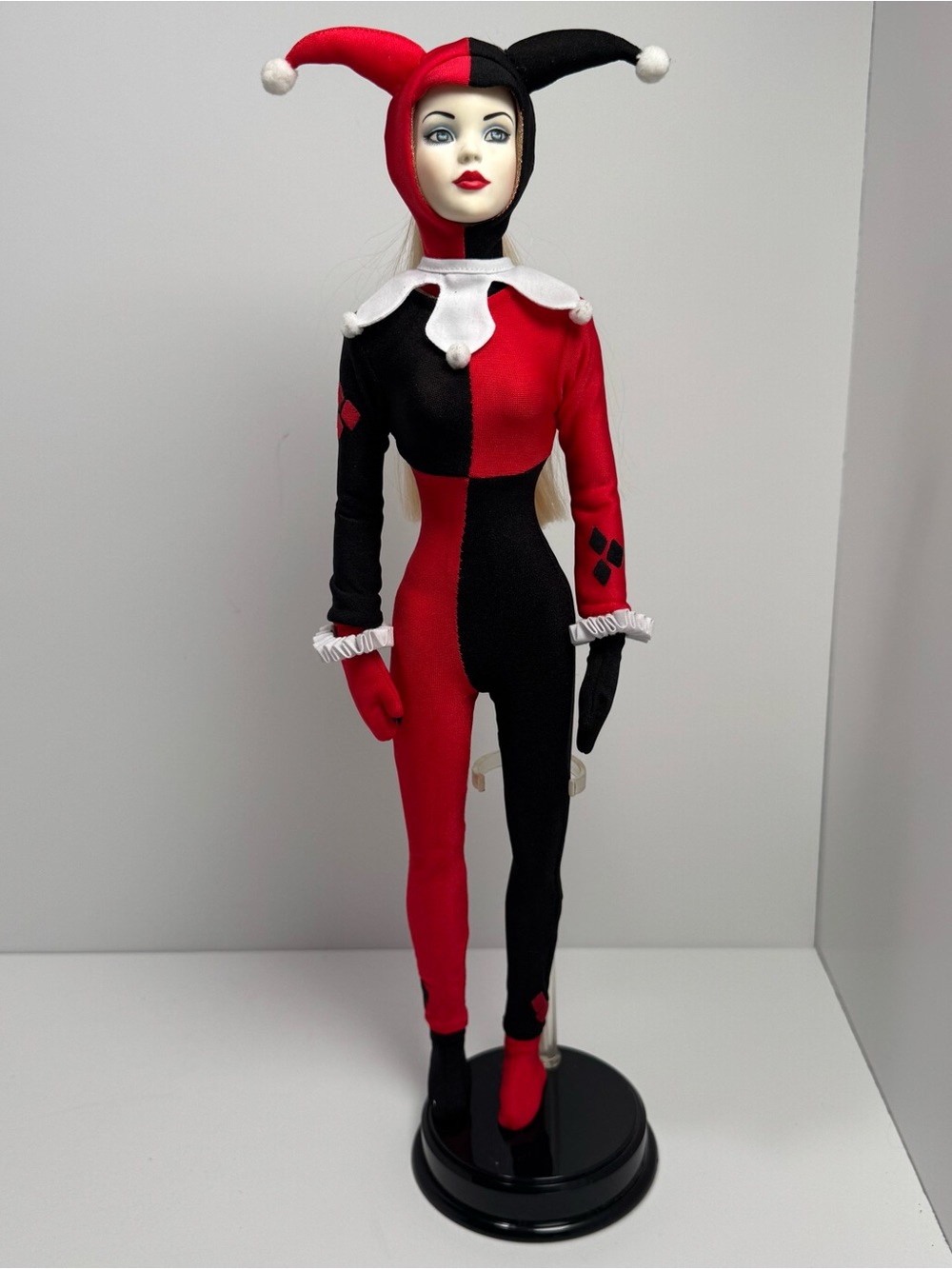 Harley Quinn Jester Doll 16” DC Comics Red Black Outfit w/ Stand